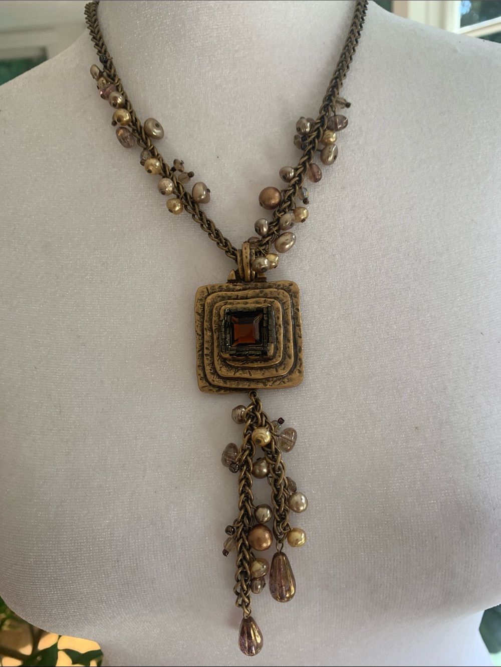 Chico's Gold-Tone Square Pendant Necklace with Amber Accent and Tassel Beads